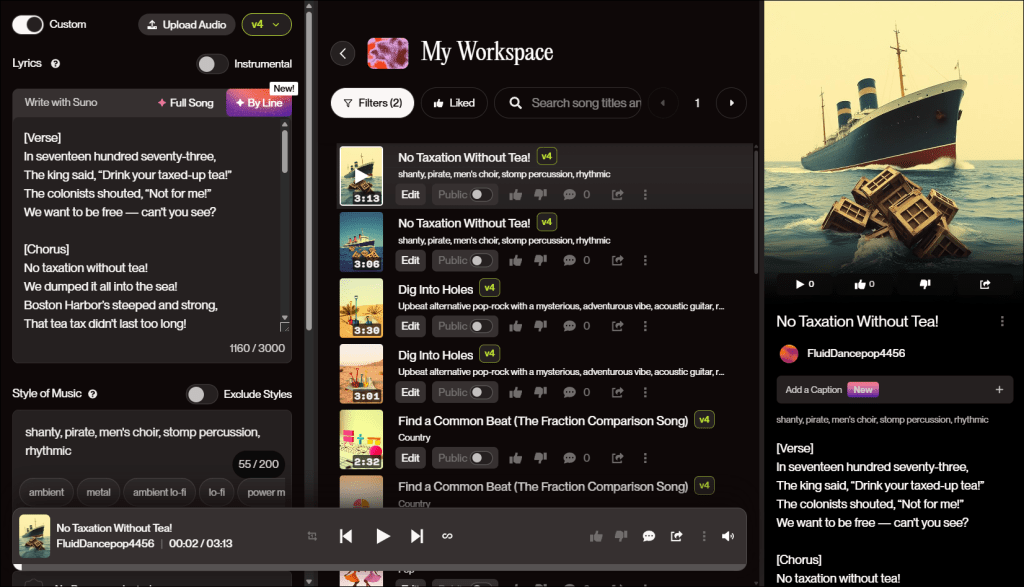Screenshot from Suno for an article about AI tools